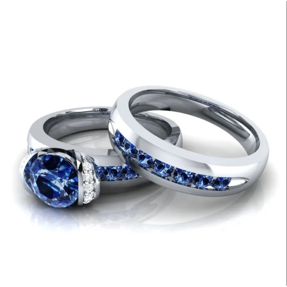 New Gorgeous 925 Sterling Silver Blue & White Sapphires 2pc Ring Set